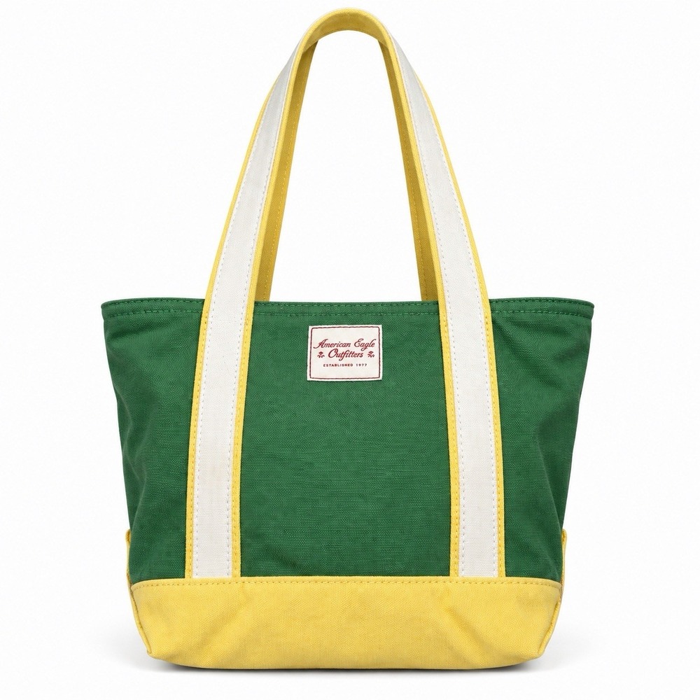 American Eagle Retro Tote Bag Green Butter Yellow Canvas Y2K Preppy Zip Top